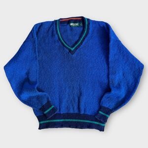 American Eagle VTG 90's V-Neck Sweater Mens Large Cotton Knit Blue Made in USA